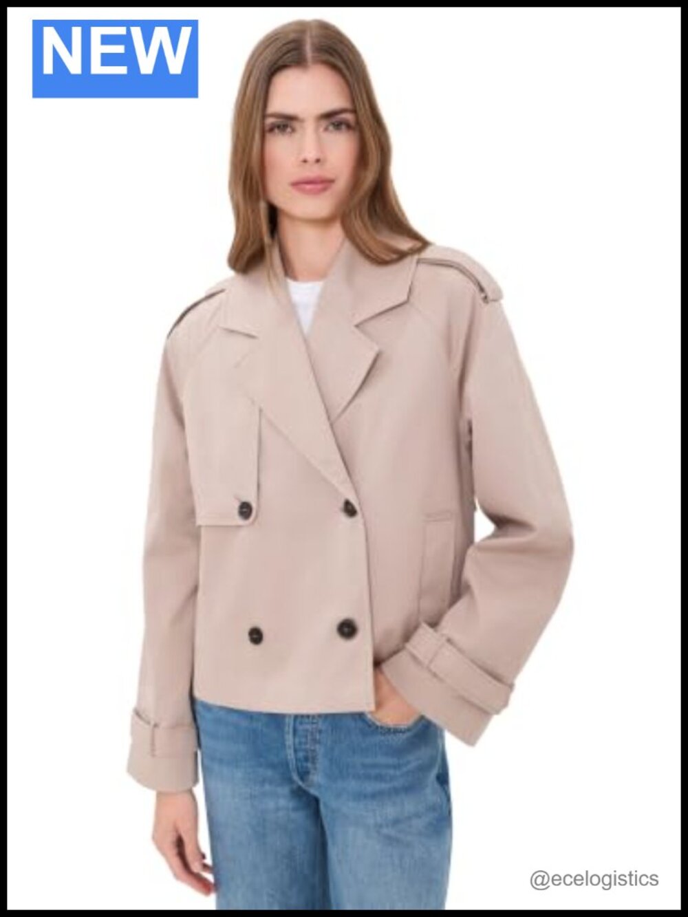 Cropped Trench Coat Cotton Elastane Double-Breasted Long Sleeve